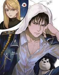 1boy 1girl bin_(binonep) black_hair black_hayate black_shirt blonde_hair blue_jacket brown_eyes collared_shirt commentary dog earrings fullmetal_alchemist furrowed_brow hair_between_eyes head_on_hand jacket jacket_on_shoulders jewelry long_hair military_jacket parted_bangs riza_hawkeye roy_mustang shirt short_hair spoken_x stud_earrings towel towel_on_head turtleneck turtleneck_shirt twitter_username upper_body wet white_shirt 
