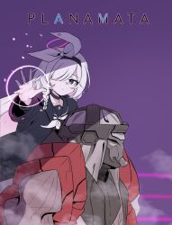 1girl 1other black_choker black_coat black_eyes black_hairband black_sailor_collar black_serafuku blue_archive braid carrying carrying_person choker coat commentary_request hair_over_one_eye hairband halo highres korean_commentary looking_at_viewer neckerchief open_hand parody phrenapates_(blue_archive) piggyback plana_(blue_archive) pragmata red_halo red_pupils sailor_collar school_uniform serafuku shoulder_carry single_braid skyrain315 white_neckerchief 