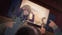  1boy 1girl 2others child colorful_palette dog dress game_cg green_hair grey_dress hair_between_eyes highres kusanagi_nene looking_at_viewer low-tied_sidelocks multiple_others official_art pointing project_sekai purple_shirt sekijitsu_no_read-aloud_(project_sekai) shirt sidelocks third-party_source translation_request violet_eyes 