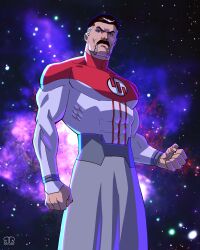  1boy black_hair clenched_hand commentary facial_hair feet_out_of_frame grey_hair grey_skirt highres invincible_(series) invisible male_focus mature_male multicolored_hair muscular muscular_male nebula nolan_grayson raynerahman serious skirt solo space two-tone_hair watermark 