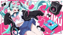  1girl absurdres ahoge aqua_eyes aqua_hair black_jacket blue_skirt bow cd cellphone commentary_request eyewear_on_head hair_between_eyes hatsune_miku highres jacket leg_warmers long_hair looking_at_viewer navel open_clothes open_jacket phone pill pink-tinted_eyewear pink_bow pink_hair pleated_skirt sharp_teeth shirt skirt smartphone solo speaker stomach teeth tinted_eyewear twintails vocaloid white_leg_warmers white_shirt yukari_(mzzu7342) 