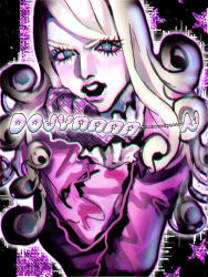  1boy argyle_clothes argyle_gloves b_l_ililil blonde_hair blue_eyes bright_pupils coat commentary_request curly_hair english_text funny_valentine gloves jojo_no_kimyou_na_bouken long_hair long_sleeves looking_at_viewer pink_coat pink_suit solo star-shaped_pupils star_(symbol) steel_ball_run suit symbol-shaped_pupils 