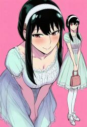 1girl alternate_costume black_hair breast_focus casual cleavage long_hair red_eyes smile spy_x_family yor_briar