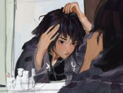  1other androgynous bathroom black_eyes black_hair black_shirt collared_shirt cosmetics detached_hood door eyelashes faucet fingernails hatsburg highres hood hood_down hooded_jacket indoors jacket len'en long_sleeves looking_at_reflection missing_headwear multicolored_hair open_clothes open_jacket other_focus purple_jacket realistic reflection reflection_focus roots_(hair) shirt shitodo_kuroji short_hair solo thick_eyebrows upper_body wide_sleeves zipper 