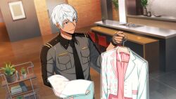  1boy black_necktie blue_eyes breast_pocket clothes_hanger collared_shirt dark-skinned_male dark_skin fingerless_gloves game_cg gloves grey_shirt happy_elements helios_rising_heroes highres holding indoors jacket male_focus necktie non-web_source official_art oscar_bale pink_shirt plant pocket potted_plant shirt short_hair smile solo tiles upper_body white_hair white_jacket 