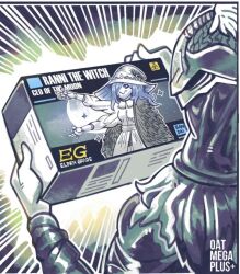  1girl :> ambiguous_gender arm_up armor bandai bloody_wolf_(elden_ring) blue_hair blue_skin box box_art brand_name_imitation cardboard_box cloak coat colored_skin company_connection doll_joints dress elden_ring elden_ring_(object) english_text fake_box_art full_armor fur_cloak fur_coat hair_over_one_eye hat helm helmet highres holding holding_box holding_toy joints logo medium_hair model_kit moon oatmegaplus ranni_the_witch second-party_source signature smile sparkle tarnished_(elden_ring) toy toy_packaging upper_body white_dress white_hat witch_hat 