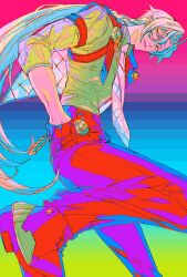  1boy arm_out_of_sleeve bicep_strap black_pants black_shoes blonde_hair commentary_request ear_piercing earrings from_side hair_between_eyes hand_in_pocket heterochromia hugo_vlad jewelry lapel_pin long_hair looking_at_viewer male_focus mizu_cx necktie open_mouth pants piercing pointy_ears purple_necktie shirt shoes sleeves_rolled_up solo zenless_zone_zero 