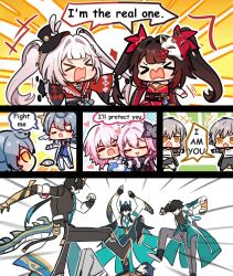 alternate_form beatdown caelus_(honkai:_star_rail) dan_heng_(honkai:_star_rail) evernight_(honkai:_star_rail) hitting long_hair march_7th_(honkai:_star_rail) multiple_boys multiple_girls short_hair sparkle_(honkai:_star_rail) sparxie_(honkai:_star_rail) stelle_(honkai:_star_rail) sunday_(honkai:_star_rail) trailblazer_(honkai:_star_rail) zenless_zone_zero