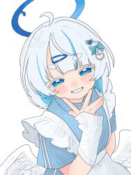  1girl angel angel_wings arm_warmers blue_eyes blue_jacket hair_ornament hairclip halo hand_up highres jacket jersey_maid komori_kamome looking_at_viewer maid multicolored_hair original short-sleeved_jacket short_sleeves smile solo streaked_hair unconventional_maid upper_body white_arm_warmers wings 
