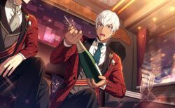  2boys alcohol black_pants blue_eyes blue_necktie bottle champagne collared_shirt crossed_legs cup dark-skinned_male dark_skin drinking_glass formal_clothes game_cg happy_elements head_out_of_frame helios_rising_heroes highres holding holding_bottle indoors jacket jewelry male_focus multiple_boys necktie non-web_source official_art open_mouth oscar_bale pants shirt short_hair sitting teeth upper_teeth_only vest white_hair white_shirt 