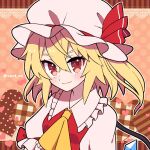  1girl artist_name ascot bangs blonde_hair breasts brown_background brown_eyes closed_mouth collar collared_shirt crystal dress eyebrows_visible_through_hair flandre_scarlet hair_between_eyes hat hat_ribbon heart highres jewelry looking_at_viewer medium_breasts mob_cap one_side_up orange_background pink_heart polka_dot polka_dot_background puffy_short_sleeves puffy_sleeves red_dress red_ribbon ribbon shirt short_hair short_sleeves smile solo touhou upper_body white_headwear white_shirt wings yellow_ascot yoriteruru 
