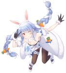 1girl animal_ear_fluff animal_ears arm_up armpits ass_visible_through_thighs bare_shoulders bent_over black_gloves blue_hair braid breasts brown_legwear carrot carrot_hair_ornament closed_mouth coat detached_collar detached_sleeves extra_ears floating_hair food_themed_hair_ornament fur_collar gloves hair_ornament hololive leg_garter leotard long_hair looking_at_viewer low_twintails official_art one_eye_closed outstretched_arm pantyhose playboy_bunny rabbit_ears red_eyes shoes sidelocks small_breasts smile solo strapless thick_eyebrows tomari_(veryberry00) twin_braids twintails usada_pekora v very_long_hair virtual_youtuber white_coat white_footwear 