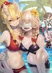  1boy 4girls :d absurdres arm_around_waist bandages bandages_over_eyes beach bikini black_bikini blonde_hair bow braid breasts closed_mouth clouds cloudy_sky covered_eyes day drinking_straw evil_(okame_nin) fewer_digits hair_bow highres holding holding_innertube huge_filesize iga_(okame_nin) innertube kuda_(okame_nin) large_breasts long_hair medium_breasts multiple_girls navel neck_scar ocean okame_nin open_mouth original outdoors pale_skin palm_tree pointy_ears ponytail red_bikini red_bow red_eyes saashisu_(okame_nin) sky smile spiked_horns surgical_scar swimsuit tentacles tree twin_braids wading 