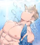  1boy abs air_bubble animal_ear_fluff animal_ears bandana bara blonde_hair bubble chest dog_boy dog_ears forked_eyebrows gondom highres male_focus muscle nipples original shirtless short_hair sideburns solo spiky_hair thick_eyebrows underwater water yellow_eyes 