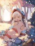  1girl animal_ears barli day forest highres hug long_hair made_in_abyss mitty_(made_in_abyss) nanachi_(made_in_abyss) nature open_mouth outdoors red_eyes silver_hair sparkle stuffed_animal stuffed_toy sunlight teddy_bear tree yellow_eyes 