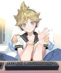  1boy :&lt; blonde_hair blue_eyes blush hands_on_another&#039;s_shoulders headset kagamine_len looking_at_viewer naoko_(naonocoto) sailor_collar shorts solo_focus sweatdrop vocaloid waving yellow_nails 