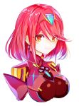  1girl bangs breasts chest_jewel cropped_torso earrings highres jewelry looking_at_viewer pyra_(xenoblade) red_eyes redhead sazanamimi short_hair simple_background smile solo swept_bangs tiara white_background xenoblade_chronicles_(series) xenoblade_chronicles_2 