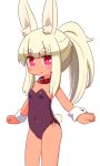  1girl :o animal_ear_fluff animal_ears bangs bare_shoulders blonde_hair blush breasts collar commentary_request covered_navel dark_skin eyebrows_visible_through_hair heart heart-shaped_pupils highres leotard long_hair looking_at_viewer masurao_(sekaiju) naga_u parted_lips pink_eyes ponytail purple_leotard rabbit_ears red_collar sekaiju_no_meikyuu sekaiju_no_meikyuu_5 sidelocks simple_background small_breasts solo standing strapless strapless_leotard symbol-shaped_pupils thick_eyebrows very_long_hair white_background wrist_cuffs 