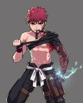  1boy applechoc avenger bandaged_arm bandages biting blood blood_on_face emiya_shirou fate/grand_order fate/hollow_ataraxia fate_(series) japanese_clothes limited/zero_over looking_at_viewer redhead sengo_muramasa_(fate) shirtless simple_background tattoo yellow_eyes 