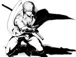  1boy bangs boots cape commentary_request copyright_request floating_clothes full_body gloves greyscale holding holding_weapon katana long_sleeves looking_at_viewer male_focus monochrome multicolored_hair pants shiseki_hirame short_hair simple_background solo sword weapon white_background 