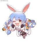  1girl animal_ear_fluff animal_ears arm_cuffs blue_hair braid bunny-shaped_pupils bunny_girl carrot carrot_hair_ornament coat dress food_themed_hair_ornament fur-trimmed_dress fur-trimmed_gloves fur_scarf fur_trim gloves hair_ornament highres hololive long_hair looking_at_viewer multicolored_hair rabbit_ears rabbit_girl scarf shiromanta solo thick_eyebrows twin_braids two-tone_hair usada_pekora virtual_youtuber white_coat white_hair 