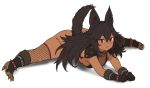  1girl animal_ears black_hair black_panties bra bracelet breasts cerberus_(houtengeki) dark_skin dog_ears fishnet_legwear fishnets from_behind hair_spread_out houtengeki jewelry legs_apart looking_at_viewer looking_through_legs lying on_stomach original panties red_eyes simple_background small_breasts solo spiked_bracelet spikes split underwear white_background 