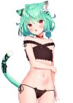  1girl :o animal_ears animal_print arm_across_waist ass_visible_through_thighs bare_shoulders black_bra black_panties bra breasts cat_ears cat_girl cat_panties cat_print cat_tail collar collarbone cowboy_shot fang grabbing_own_arm green_hair hair_ornament highres k_mugura looking_at_viewer navel panties print_panties red_eyes short_hair simple_background skin_fang skull_hair_ornament small_breasts solo stomach tail underwear uruha_rushia virtual_youtuber white_background 