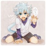  1boy animal_ears beige_background blue_eyes blue_shirt cat_boy cat_ears cat_tail claw_pose fangs full_body hair_between_eyes highres hunter_x_hunter kasasagi_(petarpan) killua_zoldyck long_sleeves messy_hair open_mouth shirt shorts simple_background spiky_hair tail white_hair white_shirt 