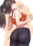  1girl absurdres akizuki_(kantai_collection) black_hair black_pants blush breasts closed_mouth cowboy_shot eyebrows_visible_through_hair from_behind highres kantai_collection kiritto long_hair looking_at_viewer looking_back medium_breasts motion_lines orange_tank_top pants ponytail solo spoken_blush tank_top violet_eyes 