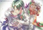  1boy 1girl absurdres artist_name bangle bare_shoulders bird blush bouquet bow bracelet bride closed_eyes couple detached_sleeves dress eeveetachi fire_emblem fire_emblem:_radiant_dawn fire_emblem_heroes flower frills gloves graphite_(medium) green_eyes green_hair half_updo hetero highres hug huge_filesize jewelry kiss long_hair micaiah_(fire_emblem) silver_hair sleeveless sleeveless_dress sothe_(fire_emblem) traditional_media twitter_username wedding white_gloves yune_(fire_emblem) 