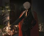  1boy alcohol black_gloves black_jacket black_pants black_shirt black_suit bottle coat coat_on_shoulders cowboy_shot cup dress_shirt earrings fate/grand_order fate_(series) flower formal gloves hand_in_pocket heroic_spirit_formal_dress holding holding_bottle indoors itefu jacket jewelry karna_(fate) lamp long_sleeves looking_away male_focus mirror necktie pale_skin pants pitcher plant pouring profile red_coat rose shirt short_hair single_earring solo standing suit white_hair yellow_neckwear 