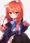  1girl animal_ears bangs beniko_(ymdbnk) black_coat blue_bow blush bow braid brown_hair cat_ears cat_girl cat_tail coat commentary_request dress eyebrows_visible_through_hair flying_sweatdrops frilled_dress frills grey_background hair_between_eyes hair_over_shoulder hands_up highres hood hood_down hooded_coat kemonomimi_mode long_hair long_sleeves parted_lips princess_connect! princess_connect!_re:dive simple_background sleeves_past_wrists solo tail tail_raised twin_braids violet_eyes white_dress yuni_(princess_connect!) 