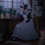  1girl apron black_hair book_stack broom candle carpet chin_rest commentary dark_room hair_bun herbarium indoors long_sleeves looking_to_the_side maid maid_apron maid_dress maid_headdress original painting_(object) photo_(object) rain short_hair suzushiro_(suzushiro333) table water_drop wooden_floor 