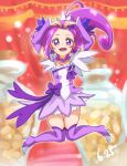  1girl :d arms_up bangs boots chocokin choker collarbone cure_sword detached_sleeves dokidoki!_precure earrings full_body hair_ornament high_heel_boots high_heels high_ponytail jewelry jumping layered_skirt long_hair long_sleeves looking_at_viewer miniskirt open_mouth parted_bangs precure purple_choker purple_footwear purple_hair purple_skirt purple_sleeves shiny shiny_hair skirt smile solo thigh-highs thigh_boots two-tone_skirt very_long_hair white_skirt 