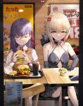  2girls :t anger_vein artoria_pendragon_(all) bangs bare_shoulders black_dress blonde_hair brick_wall burger_king chair cheese closed_eyes collarbone container crossed_legs cup detached_sleeves dress drinking_straw eating elbow_gloves eyebrows_visible_through_hair fate/grand_order fate/stay_night fate_(series) food french_fries gloves hair_ribbon half-closed_eyes hamburger hand_on_table highres holding holding_food indoors lettuce long_hair looking_down matou_sakura menu_board multiple_girls nekoarc poster_(object) purple_hair restaurant ribbon saber_alter saint_quartz salad sitting smile soda suou-sensei sweater_vest table tomato tray whopper wooden_chair yellow_eyes 