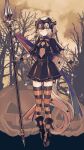  1girl absurdres adapted_costume albino_(a1b1n0623) alternate_color banner bare_tree bow capelet commentary cross cross_print expressionless eyebrows_visible_through_hair fate/grand_order fate_(series) flag forest full_body hair_bow hair_ornament halloween headpiece highres holding holding_weapon jack-o&#039;-lantern jeanne_d&#039;arc_(fate)_(all) jeanne_d&#039;arc_alter_santa_lily long_hair looking_at_viewer nature nobori outdoors polearm pumpkin ribbon solo sparkle spear standing star_(symbol) star_hair_ornament striped striped_legwear striped_ribbon thigh-highs torn_clothes tree very_long_hair weapon wrist_cuffs yellow_eyes 