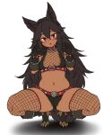  1girl animal_ears bikini blush bracelet breasts brown_hair cerberus_(houtengeki) dark_skin dog_ears dog_tail fishnet_legwear fishnets fur_trim gloves highres houtengeki jewelry long_hair messy_hair open_mouth original red_eyes simple_background small_breasts solo spiked_bracelet spikes squatting swimsuit tail thighs white_background 