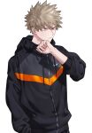  1boy bakugou_katsuki bangs black_hoodie boku_no_hero_academia closed_mouth commentary_request eyebrows_visible_through_hair hand_in_pocket hand_on_own_chin hand_up hood hood_down hoodie long_sleeves looking_to_the_side male_focus nike pants quwo red_eyes short_hair simple_background solo spiky_hair upper_body white_background yellow_hoodie 