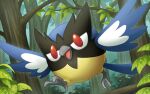  bird commentary_request day gen_8_pokemon hakuginnosora highres no_humans open_mouth outdoors pokemon pokemon_(creature) red_eyes rookidee running solo talons tongue tree 