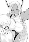  1boy 1girl age_difference animal_ear_fluff animal_ears armpits artist_name bangs blush boku_no_hero_academia breasts commentary_request crescent face_to_breasts faceless faceless_male gloves greyscale grin highleg highleg_leotard highres hip_focus hood hoodie large_breasts leotard long_eyelashes long_hair looking_at_viewer mirko monochrome moon_print muscle muscular_female open_mouth parted_bangs rabbit_ears reflective_eyes shibusun slit_pupils smile sweatdrop taking_picture teeth thighs tongue upper_body wavy_mouth 