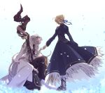  1boy 1girl ahoge artoria_pendragon_(all) bangs black_legwear blonde_hair blue_dress boots braid capelet cloak closed_eyes dress facing_to_the_side fate/grand_order fate_(series) hair_bun hair_ribbon highres holding holding_hands holding_staff hood kneeling long_hair looking_at_another looking_down merlin_(fate) metal_boots one_knee outstretched_arm petals ribbon robe saber short_hair sidelocks simple_background staff standing tmtm24787088 white_hair 