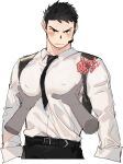  1boy 1other bara belt between_pecs black_hair black_neckwear black_pants blush chest collared_shirt covered_nipples gondom grabbing groping highres male_focus muscle original pants pectoral_focus pectoral_grab pectoral_press shirt short_hair sideburns upper_body white_shirt 