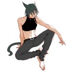  1boy animal_ears bare_shoulders barefoot belt cat_ears cat_tail collarbone facial_mark final_fantasy final_fantasy_xiv fingernails green_eyes green_hair grey_background hair_over_one_eye highres long_fingernails male_focus midriff miqo&#039;te misaq navel parted_lips sharp_fingernails simple_background sitting sketch smile solo tail toenails 