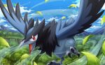  clouds commentary_request corvisquire day feathered_wings flying gen_8_pokemon hakuginnosora highres leaves_in_wind no_humans open_mouth outdoors pokemon pokemon_(creature) red_eyes sky solo talons tongue wind wings 