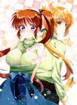 1boy 1girl arms_behind_back bare_shoulders belt black_pants blonde_hair blue_skirt blush breasts brown_belt brown_hair commentary_request cover cover_page doujin_cover embarrassed frown green_eyes green_ribbon green_shirt green_sweater hair_ribbon huge_breasts jewelry long_hair long_skirt lyrical_nanoha mahou_shoujo_lyrical_nanoha_strikers necklace pants ponytail raising_heart ribbed_sweater ribbon shirt skirt sleeveless_sweater smile sweater takamachi_nanoha toax2017 turtleneck turtleneck_sweater very_long_hair violet_eyes yuuno_scrya 