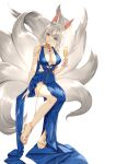  1girl absurdres alternate_costume animal_ear_fluff animal_ears azur_lane bangs bare_shoulders blue_dress blue_eyes blunt_bangs breasts champagne_flute closed_mouth collarbone cup dress drinking_glass eyeliner foreshortening fox_ears fox_tail gold_footwear half-closed_eyes hand_up high_heels highres holding holding_cup invisible_chair jewelry kaga_(azur_lane) kaga_(white-tailed_magnificence)_(azur_lane) kitsune kyuubi large_breasts looking_at_viewer makeup multiple_tails no_bra no_panties open_toe_shoes pelvic_curtain short_hair simple_background sitting sleeveless sleeveless_dress smile solo tail teltelhousi thighs white_background white_hair 