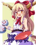  1girl alcohol bangs belt blonde_hair blush bow breasts chain commentary cowboy_shot cup drunk eyebrows_visible_through_hair eyes_visible_through_hair fang gourd hair_between_eyes hair_bow highres holding holding_cup horn_ornament horn_ribbon horns ibuki_suika incoming_drink long_hair looking_at_viewer low-tied_long_hair minato_mal neckerchief oni orange_eyes purple_ribbon red_bow red_neckwear ribbon sakazuki sake shirt sideboob sidelocks simple_background skin_fang skirt sleeveless sleeveless_shirt small_breasts solo standing torn_clothes torn_sleeves touhou two-tone_background white_background white_shirt white_skirt wristband yellow_background 