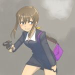  1girl bag blue_eyes blush brown_hair gun handbag handgun highres holding holding_gun holding_weapon kageng long_hair office_lady original pencil_skirt ponytail revolver simple_background skirt skirt_pull solo sweatdrop trigger_discipline weapon 