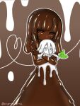  2girls baby blush blush_stickers brown_eyes brown_hair brown_sclera closed_mouth dark_skin holding holding_leaf kixyuresu leaf looking_at_viewer monster_girl multiple_girls navel nude original slime_girl twitter_username white_eyes white_hair white_skin 