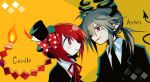  1boy 1girl anten_(sutare_yume) bow braid bright_pupils candla_(mogeko) candle character_name collared_shirt demon_boy demon_horns demon_tail fiery_hair fire formal funamusea grey_hair hat hat_bow horns long_hair mini_hat mini_top_hat neck_ribbon pale_skin polka_dot polka_dot_bow ponytail red_bow red_eyes red_ribbon redhead ribbon shirt sideways_mouth single_braid suit sutare_yume tail top_hat white_pupils white_shirt zenryoku_eimin 